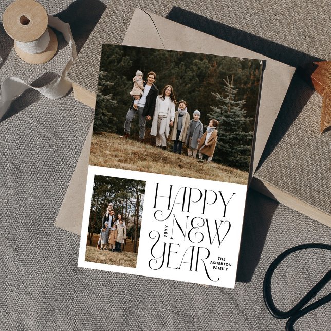 Cartes Pour Fêtes Annuelles Joyeuse nouvelle année deux photo simple élégant (Créateur téléchargé)