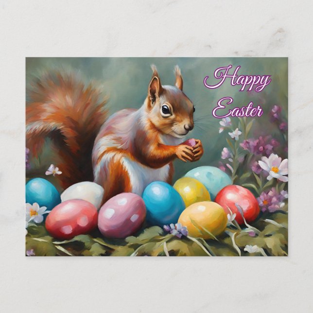 Cartes Pour Fêtes Annuelles Joyeuse Pâques Écureuil avec œufs de Pâques, Fleur (Devant)