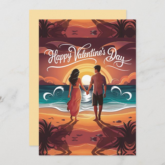 Cartes Pour Fêtes Annuelles Joyeuse Saint-Valentin (A romantic scene unfolds as a couple stands hand in hand on a sunlit beach.)