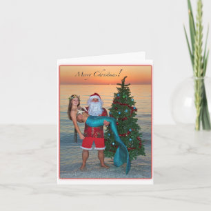 Cartes Pour Fêtes Annuelles Joyeuse Sirène de Noël avec Père Noël sur la plage