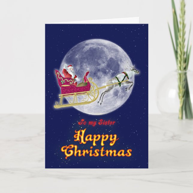 Cartes Pour Fêtes Annuelles Joyeuse soeur de Noël, Père Noël en traîneau (Devant)