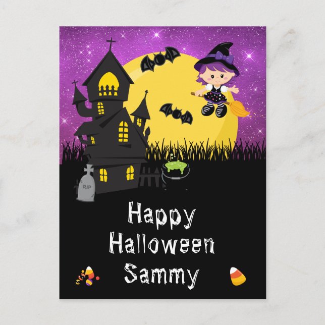 Cartes Pour Fêtes Annuelles Joyeuse sorcière d'Halloween violet (Devant)