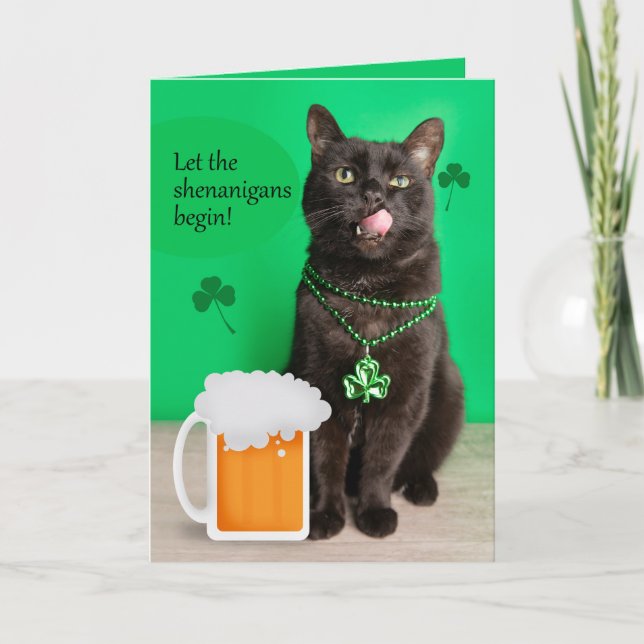 Cartes Pour Fêtes Annuelles Joyeuse St Patrick journée drôle chat avec bière (Devant)