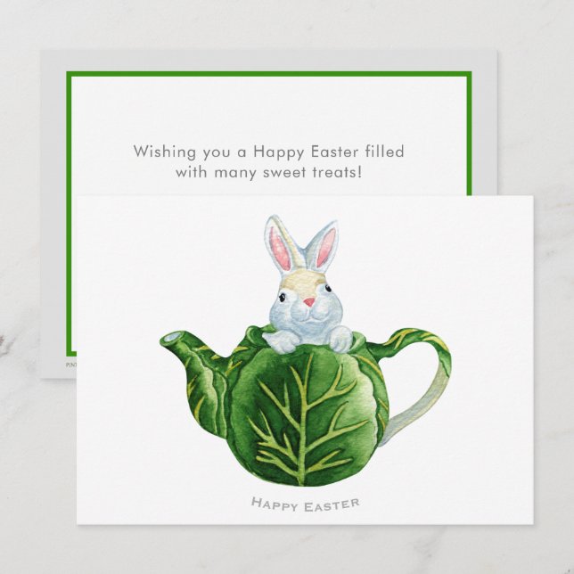 Cartes Pour Fêtes Annuelles Joyeuse théière de laitue lapin de Pâques (Devant / Derrière)