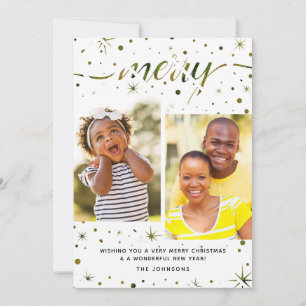 Cartes Pour Fêtes Annuelles Joyeuse typographie de Noël Vert + Or 2 photos