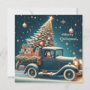 Cartes Pour Fêtes Annuelles Joyeuse voiture vintage de Noël avec sapin de Noël