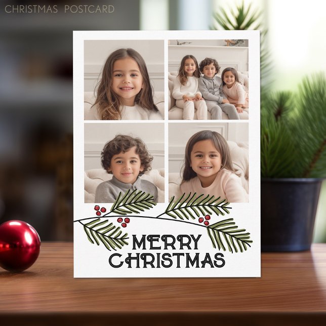Cartes Pour Fêtes Annuelles Joyeuses Branches de Noël - 4 Photo Modern Script (Christmas Postcard with 4 Photos)