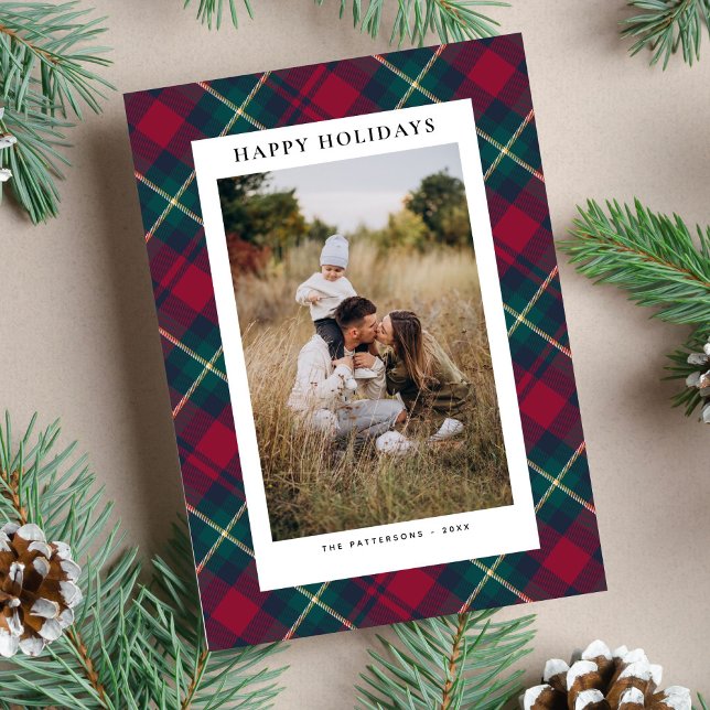 Cartes Pour Fêtes Annuelles Joyeuses Fêtes 2 Photos Fun Plaid Simple Classique (Créateur téléchargé)