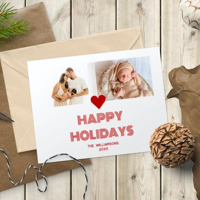 Cartes Pour Fêtes Annuelles Joyeuses Fêtes 2 Photos Rouge Clair Moderne (Modern Bright Red and White Happy Holidays 2 Photos Heart Holiday Card)