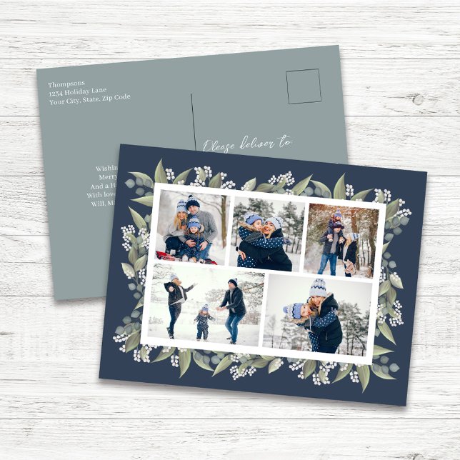 Cartes Pour Fêtes Annuelles Joyeuses Fêtes Collage Photo Floral Bleu Marine (Navy blue winter floral custom multi photo postcard.)