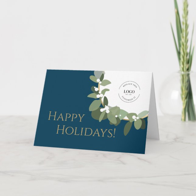Cartes Pour Fêtes Annuelles Joyeuses Fêtes Couronne Moderne Bleue Or Votre Log (Devant)