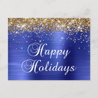 Cartes Pour Fêtes Annuelles Joyeuses fêtes Gold Glittery Faux Blue Foil