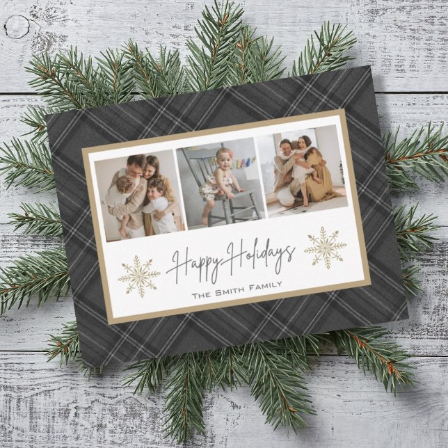 Cartes Pour Fêtes Annuelles Joyeuses fêtes Gris Noir Plaid Snowflake Photo Ho (Créateur téléchargé)