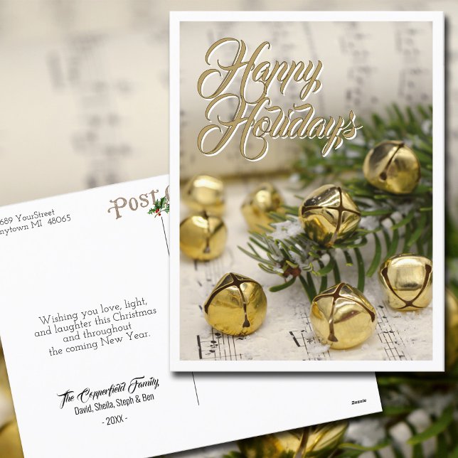 Cartes Pour Fêtes Annuelles Joyeuses fêtes Jingle Bells Or Blanc (Wish your friends and family Happy Holidays with this festive postcard.  All text is fully editable.)