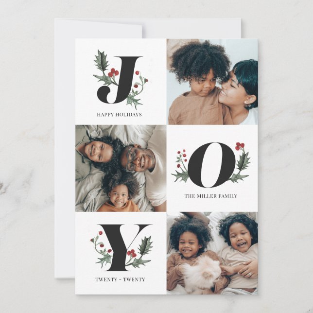 Cartes Pour Fêtes Annuelles Joyeuses fêtes Joy Greenery & Holly Photos de fami (Devant)