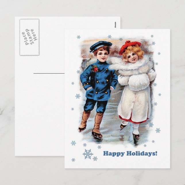 Cartes Pour Fêtes Annuelles Joyeuses fêtes. Noël des enfants de patinage vinta (Devant / Derrière)