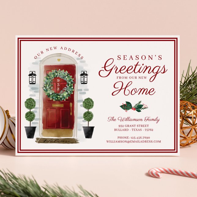 Cartes Pour Fêtes Annuelles Joyeuses Fêtes Nouveau Accueil Aquarelle rouge Por (Seasons Greetings New Home Red Watercolor Door Holiday Card)