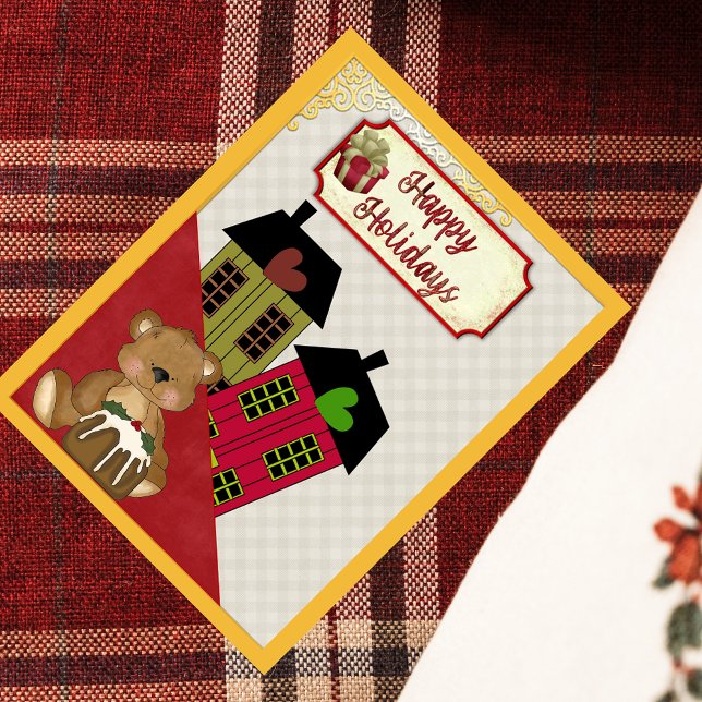 Cartes Pour Fêtes Annuelles Joyeuses Fêtes Ours en Peluche Maison Rétro Cœur (Créateur téléchargé)