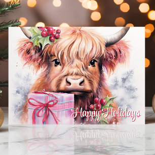 Cartes Pour Fêtes Annuelles Joyeuses Fêtes Vache Highland Noël Aquarelle