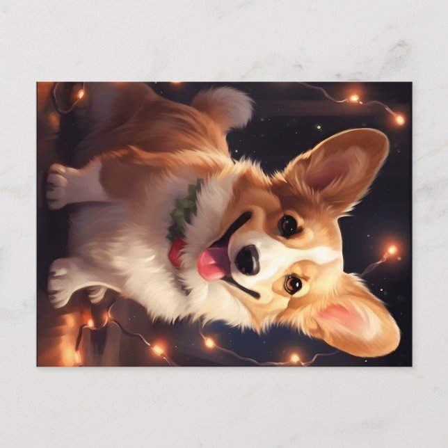 Cartes Pour Fêtes Annuelles Joyeuses lumières de Noël Corgi (Devant)