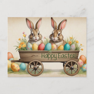 Cartes Pour Fêtes Annuelles Joyeuses Pâques Lapins de campagne dans le chariot
