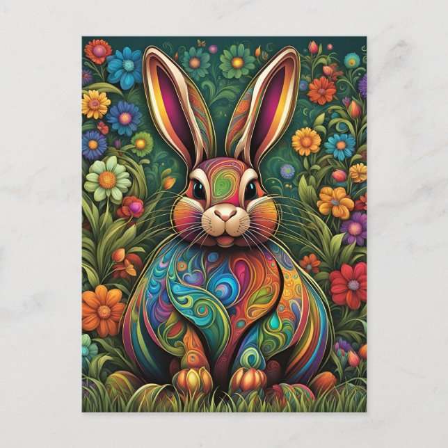 Cartes Pour Fêtes Annuelles Joyeuses Pâques - Lièvre de Pâques dans les fleurs (Devant)