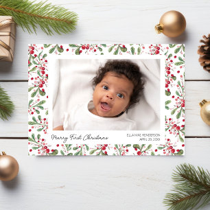 Cartes Pour Fêtes Annuelles Joyeuses Premières Photos de Noël, Baies & Feuilla