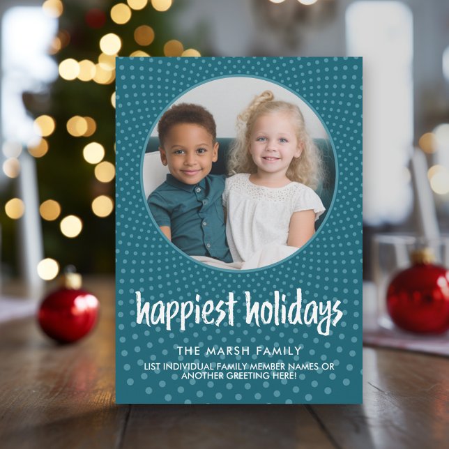Cartes Pour Fêtes Annuelles Joyeuses vacances avec Polka Dot Sunburst Photo (Modern Christmas Photo Greeting Card)