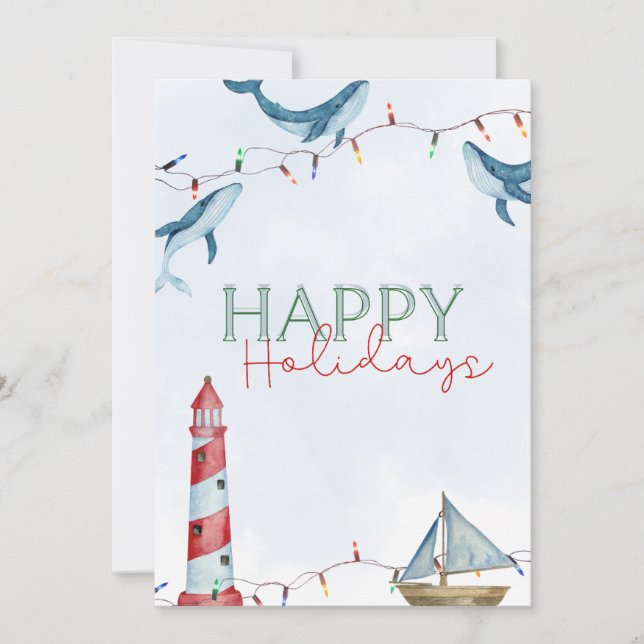 Cartes Pour Fêtes Annuelles Joyeuses vacances - Baleine nautique et phare (Devant)
