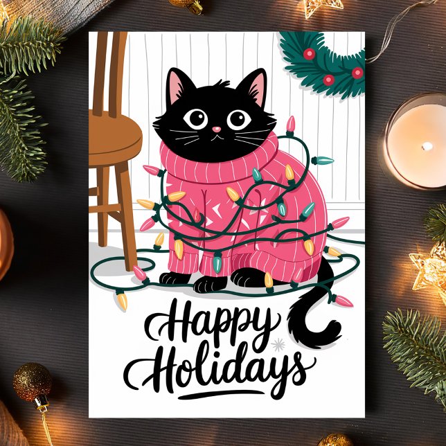 Cartes Pour Fêtes Annuelles Joyeuses Vacances Cute Chat Enveloppé Dans Les Lum (Créateur téléchargé)