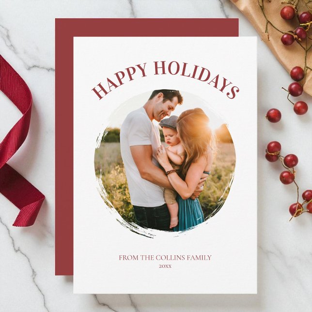 Cartes Pour Fêtes Annuelles Joyeuses Vacances Famille Rouge Photo Noël moderne (Happy Holidays Red Family Photo Modern Christmas Holiday Card)