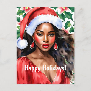 Cartes Pour Fêtes Annuelles Joyeuses vacances Femme noire Santa Hat