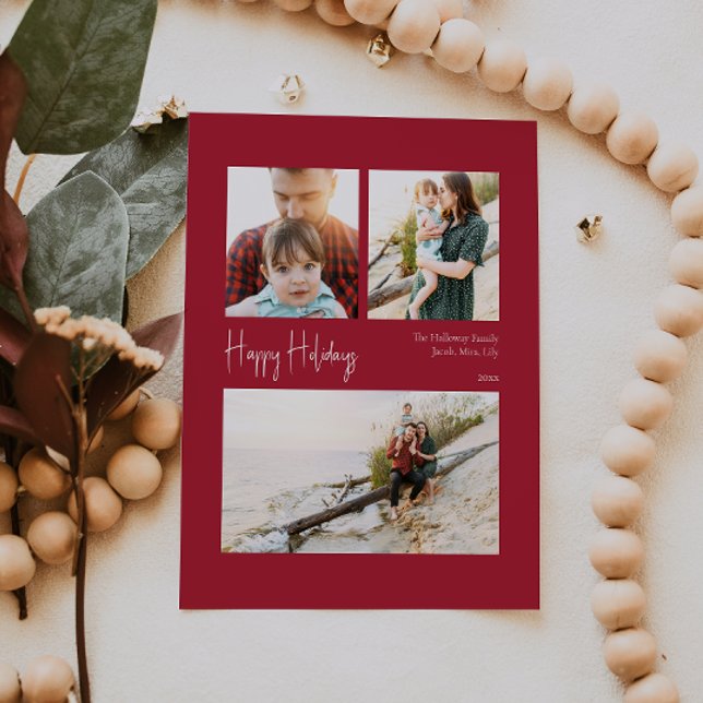 Cartes Pour Fêtes Annuelles Joyeuses vacances modernes | Trois photos centrées (Créateur téléchargé)