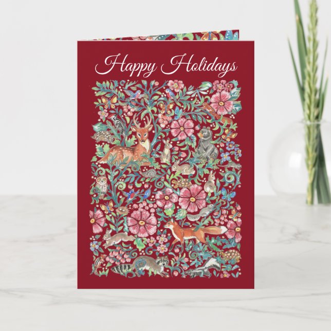 Cartes Pour Fêtes Annuelles Joyeuses vacances Noël Bois Animaux Bourgogne (Devant)