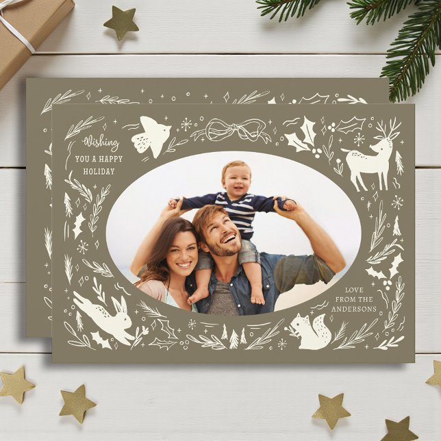 Cartes Pour Fêtes Annuelles Joyeuses vacances Noël Photo Woodland Doodle (Créateur téléchargé)