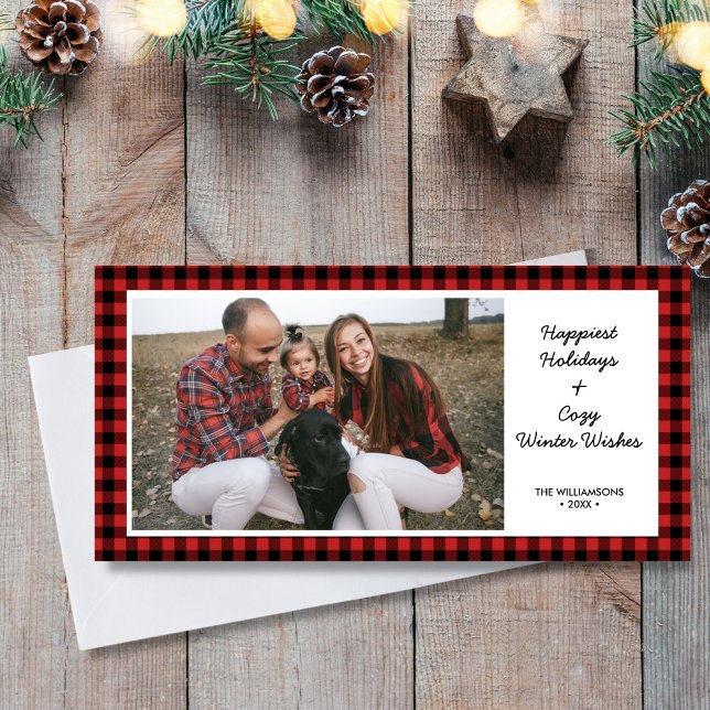 Cartes Pour Fêtes Annuelles Joyeuses vacances Photo Rustic Buffalo Check Plaid (Créateur téléchargé)