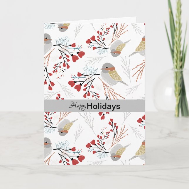 Cartes Pour Fêtes Annuelles Joyeuses vacances Pickadee Floral Grey Coeurs roug (Devant)