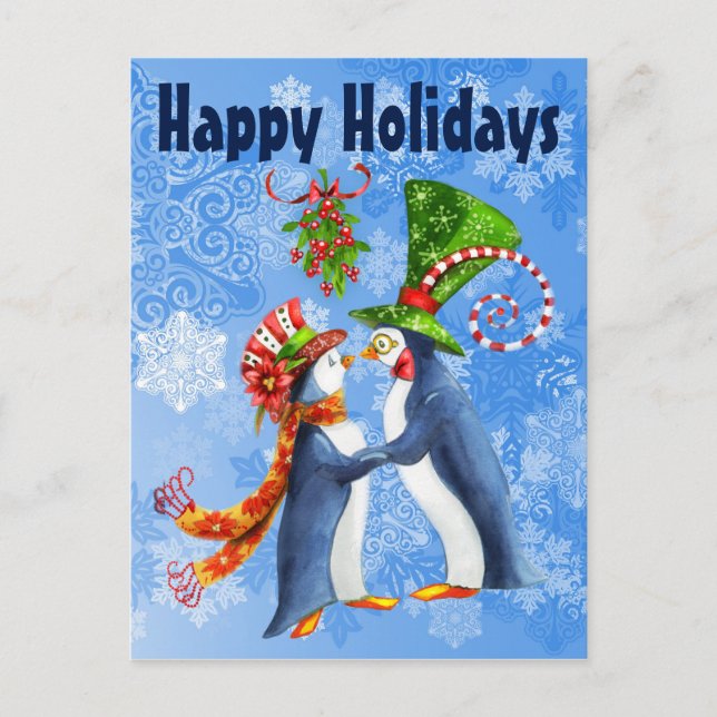Cartes Pour Fêtes Annuelles Joyeuses vacances Pingouin Couple sous la Mistleto (Devant)