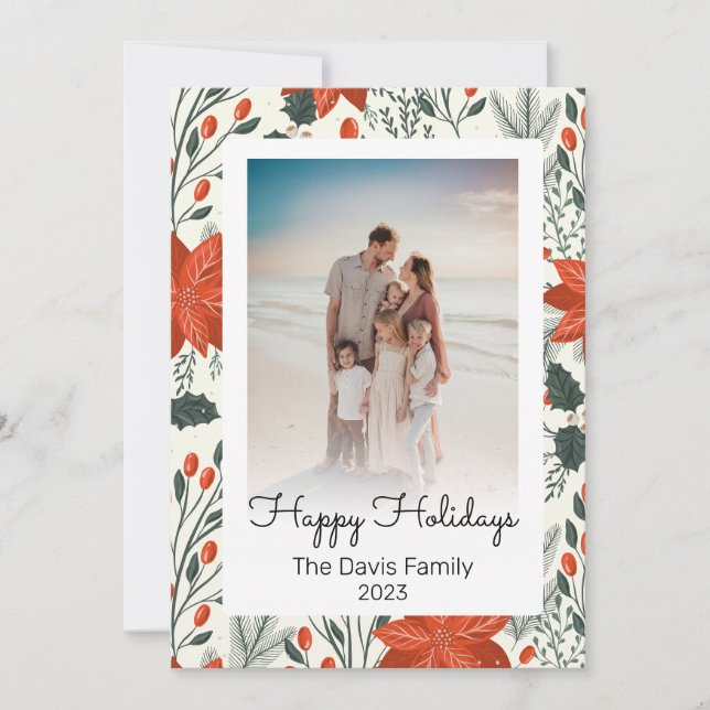 Cartes Pour Fêtes Annuelles Joyeuses vacances Poinsettia Famille de Noël Photo (Devant)