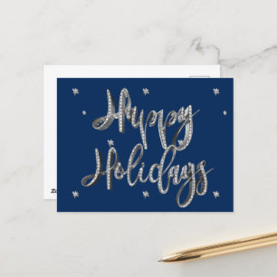 Cartes Pour Fêtes Annuelles Joyeuses vacances Script Chic Bleu et gris argenté