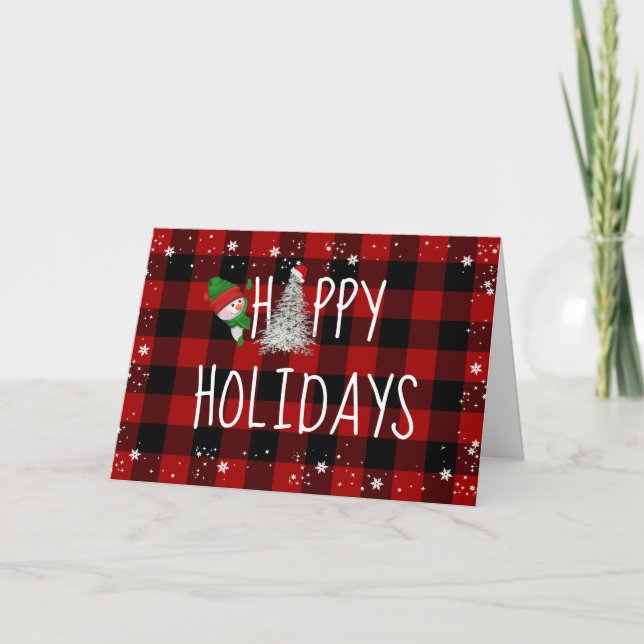 Cartes Pour Fêtes Annuelles Joyeuses vacances Snowman sur Buffalo Plaid (Devant)