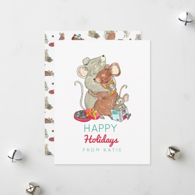 Cartes Pour Fêtes Annuelles Joyeuses vacances Souris Famille Enfants (Devant/Arrière en situation)