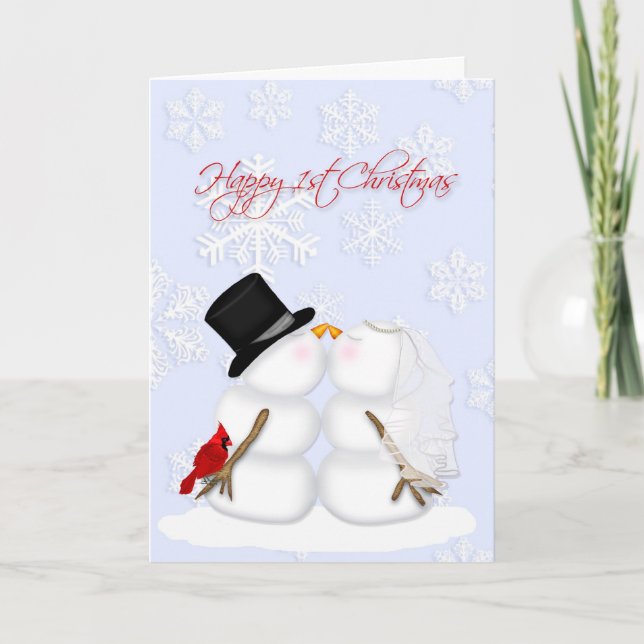 Cartes Pour Fêtes Annuelles Joyeux 1er Noël, couple neige, flocons de neige (Devant)