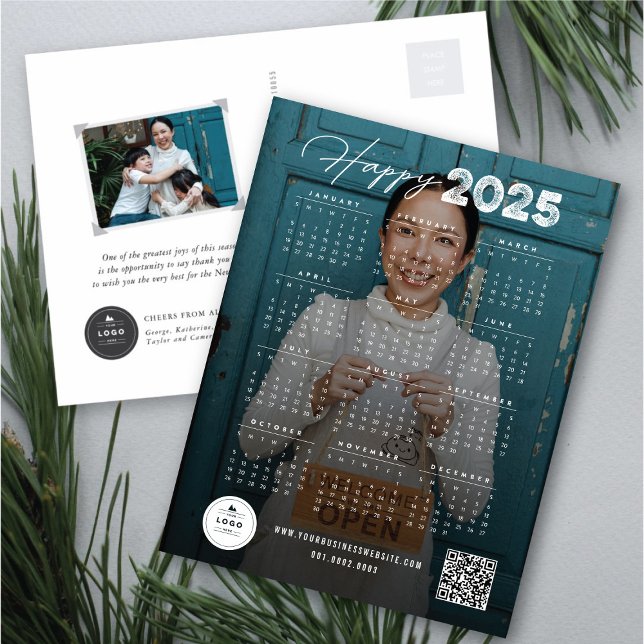 Cartes Pour Fêtes Annuelles Joyeux 2025 Calendrier de Script moderne Photo du  (Happy 2025 Modern Script Calendar New Year Photo Holiday Postcard @ fat_fa_tin)