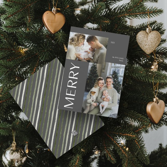 Cartes Pour Fêtes Annuelles Joyeux 2 Photo Collage moderne gris Noël (Spread Cheer! Customize Your 'MERRY' Photo Holiday Card 📷🎄 [Upload Here])