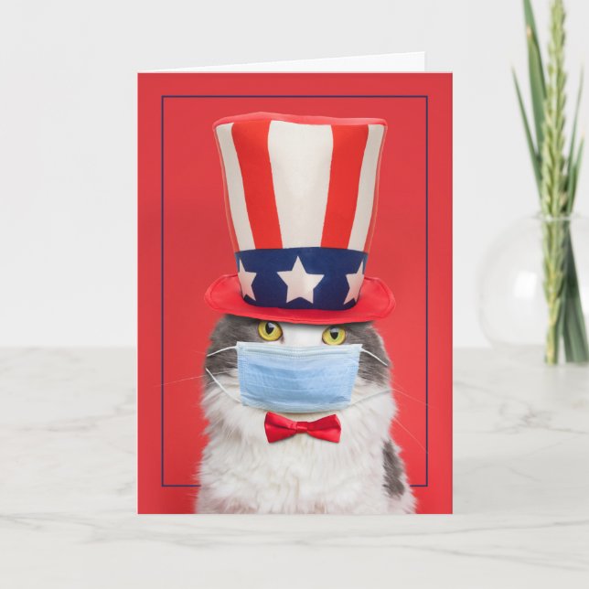 Cartes Pour Fêtes Annuelles Joyeux 4 Juillet Chat Patriotique en Masque Visage (Devant)
