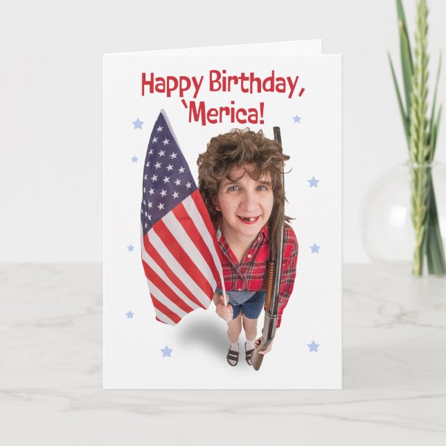 Cartes Pour Fêtes Annuelles Joyeux 4 juillet Drôle roux femme avec drapeau (Devant)
