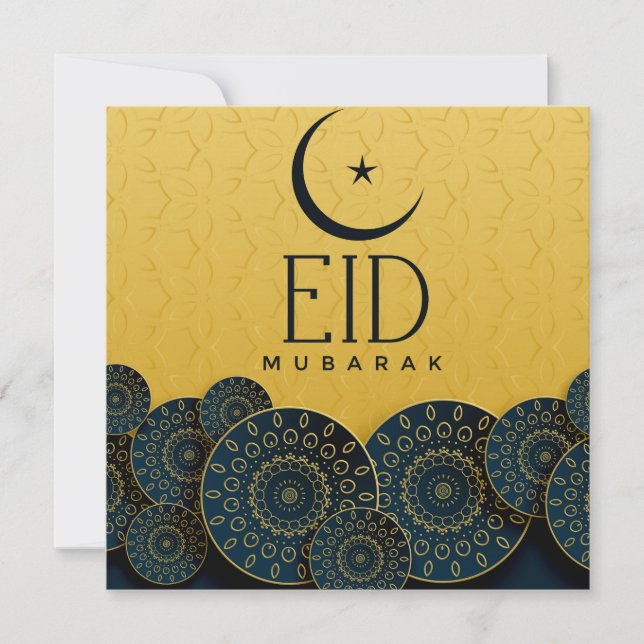 Cartes Pour Fêtes Annuelles Joyeux Aïd Moubarak Cresent Star Gold Blue Motif (Devant)