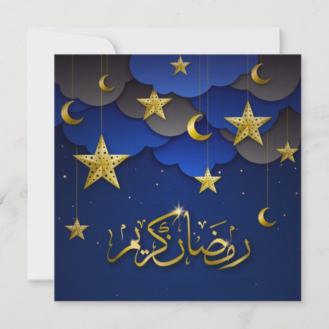 Cartes Pour Fêtes Annuelles Joyeux Aïd Moubarak Croissant Étoiles Or Bleu (Devant)