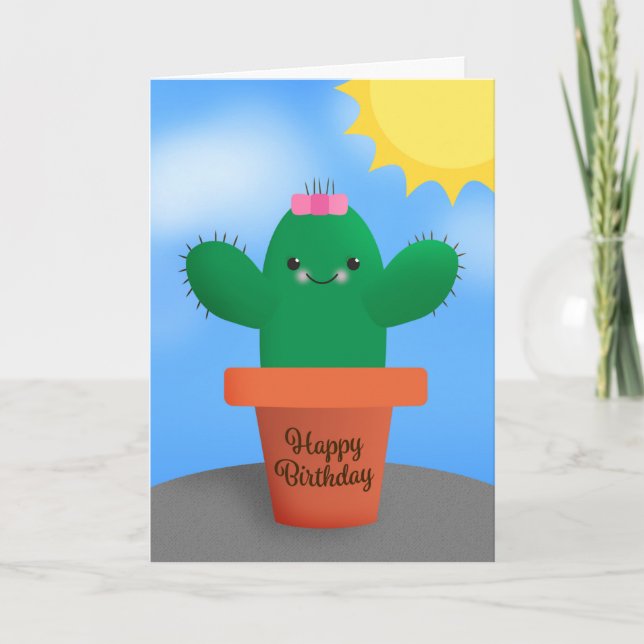 Cartes Pour Fêtes Annuelles Joyeux Anniversaire mignon Cactus en Pot Illustrat (Devant)